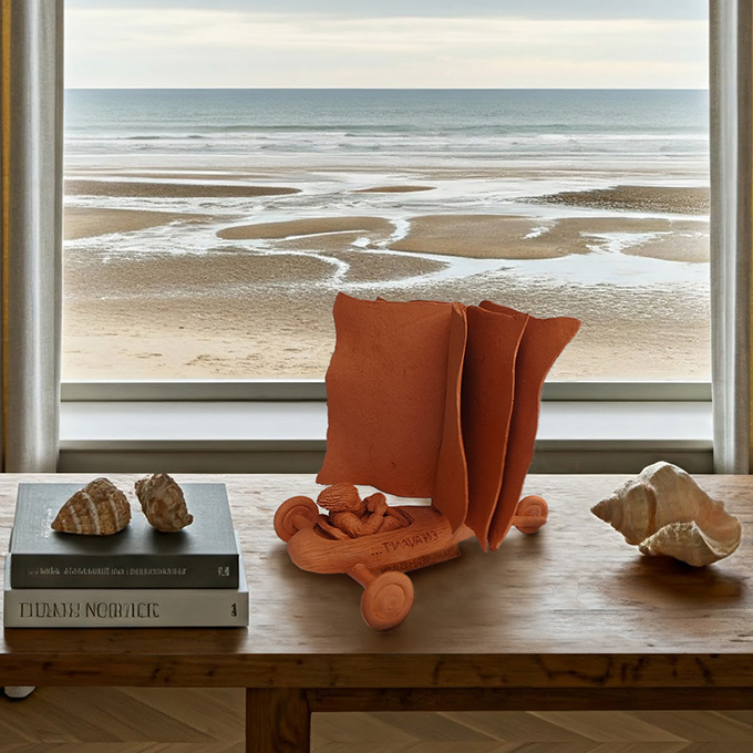 Marc-Vermeulen-sculpture-terre-argile-char-à-voile-orp-jauche-plage-mer-coquillage